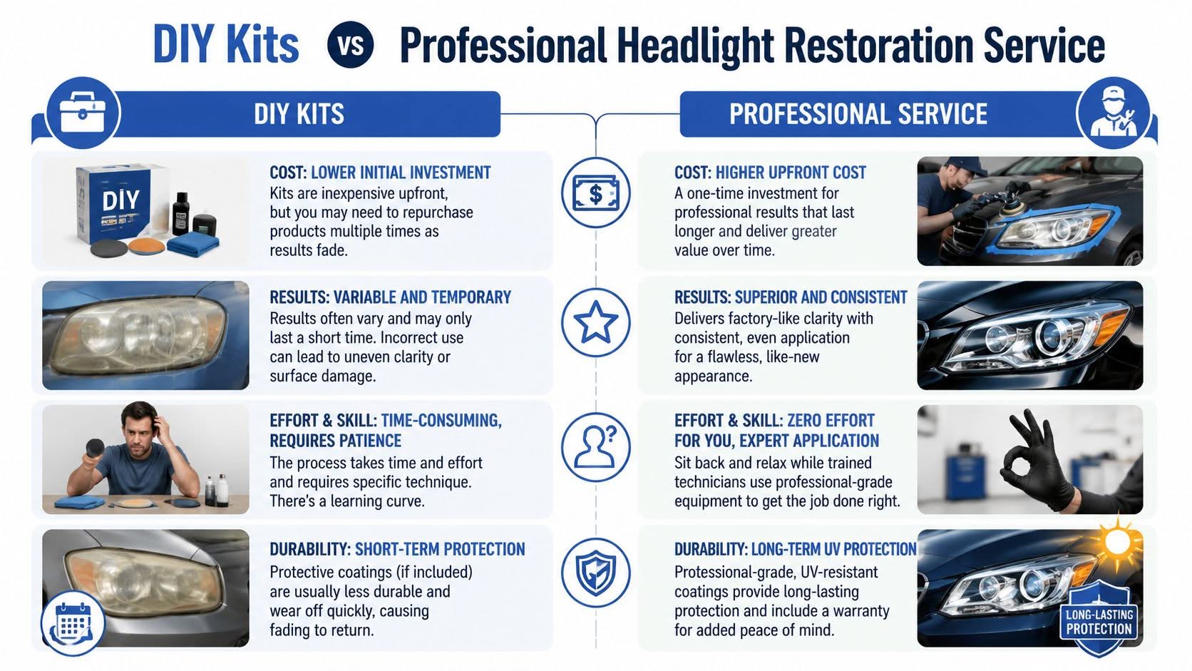 A comparison chart showing the differences between DIY headlight restoration kits and professional headlight restoration services.