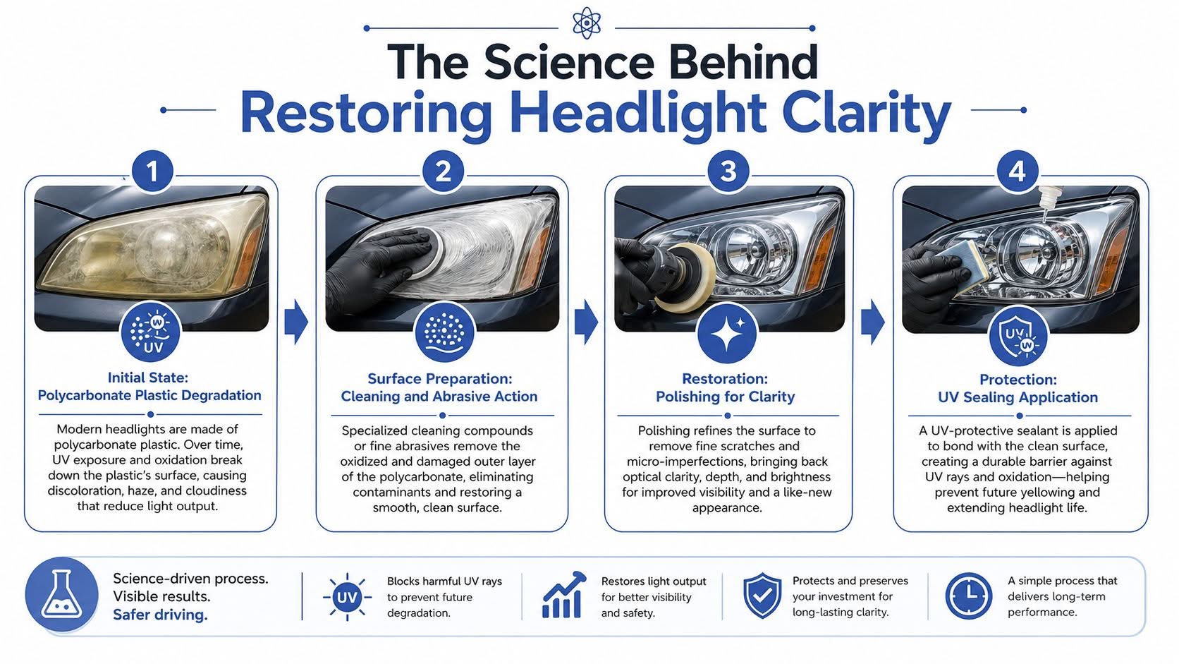 A four-step infographic illustrating the professional process of restoring cloudy, oxidized headlight clarity for better safety.