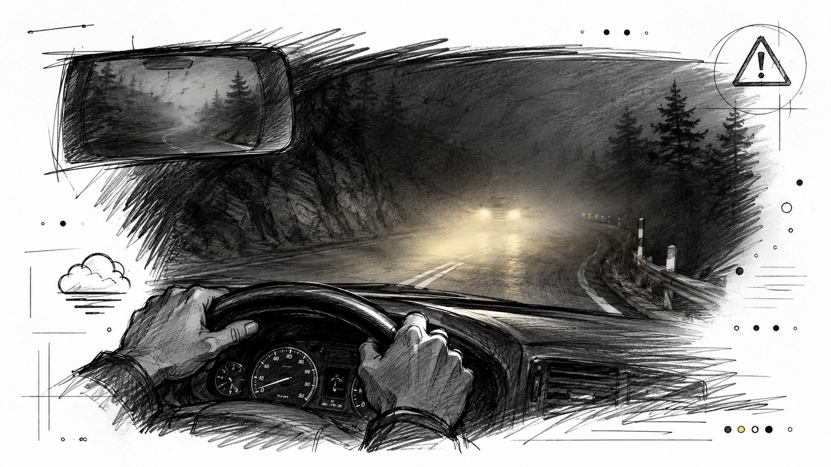 A pencil sketch of a driver behind the wheel looking at oncoming headlights on a foggy road.