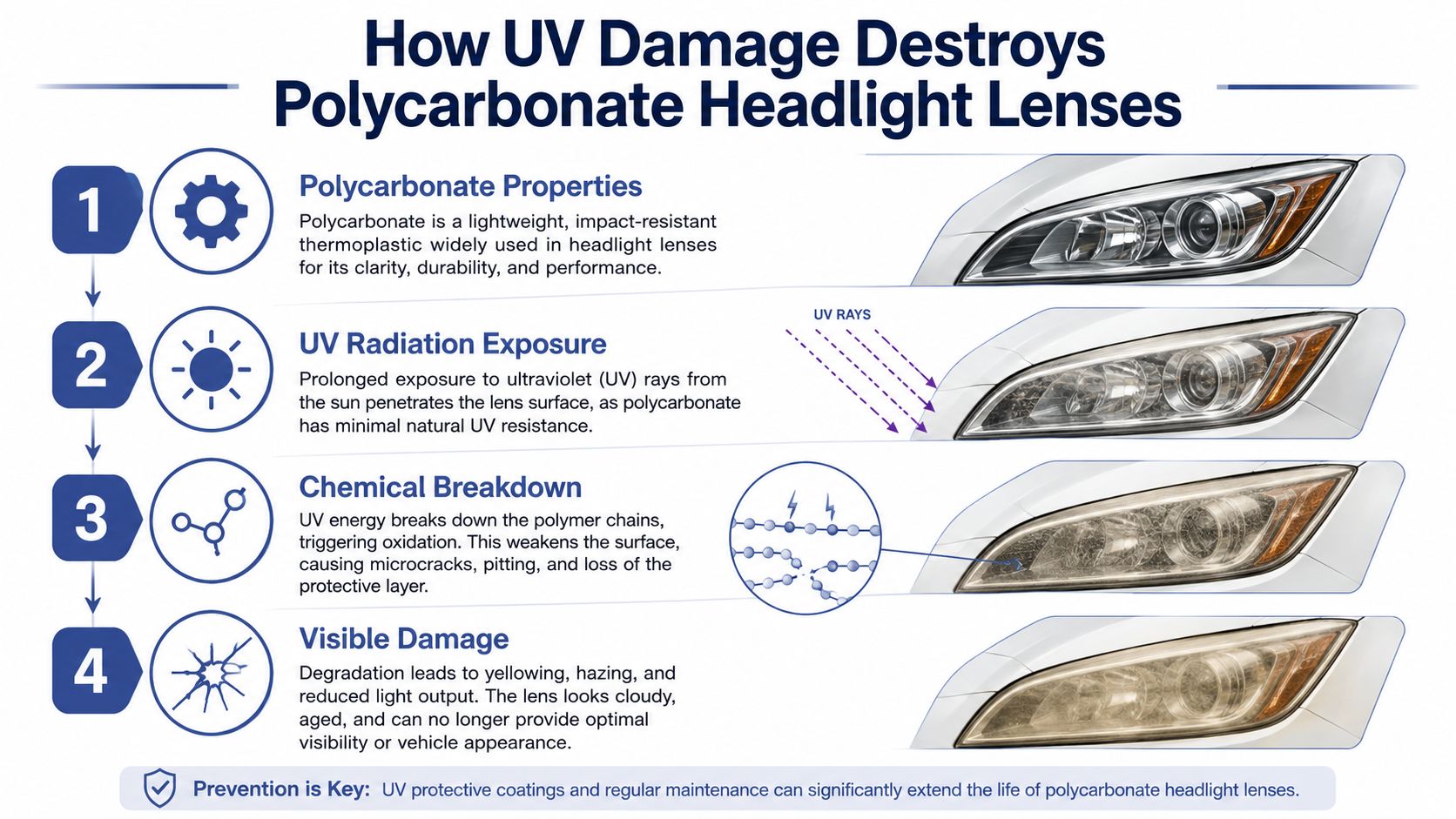 An infographic showing the four stages of how UV radiation causes degradation and yellowing in polycarbonate headlight lenses.