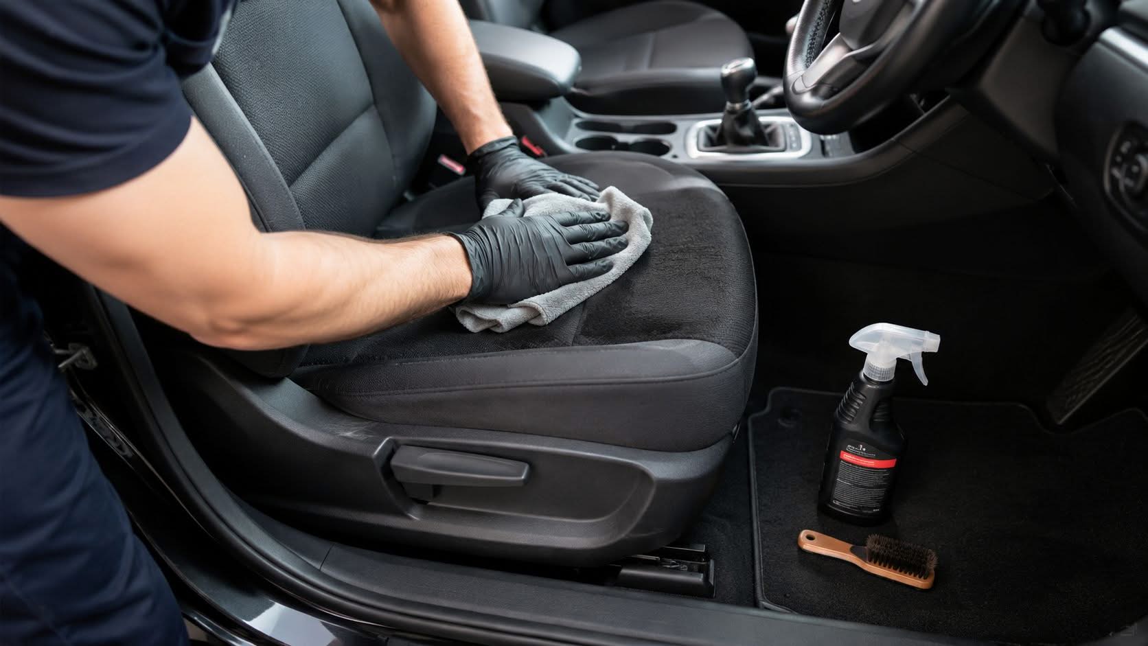 A professional detailer wearing black gloves cleaning a car seat with a microfiber cloth.