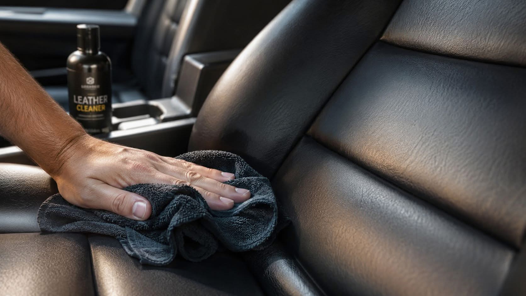 A person uses a black microfiber cloth to clean a black leather car seat with leather cleaner.