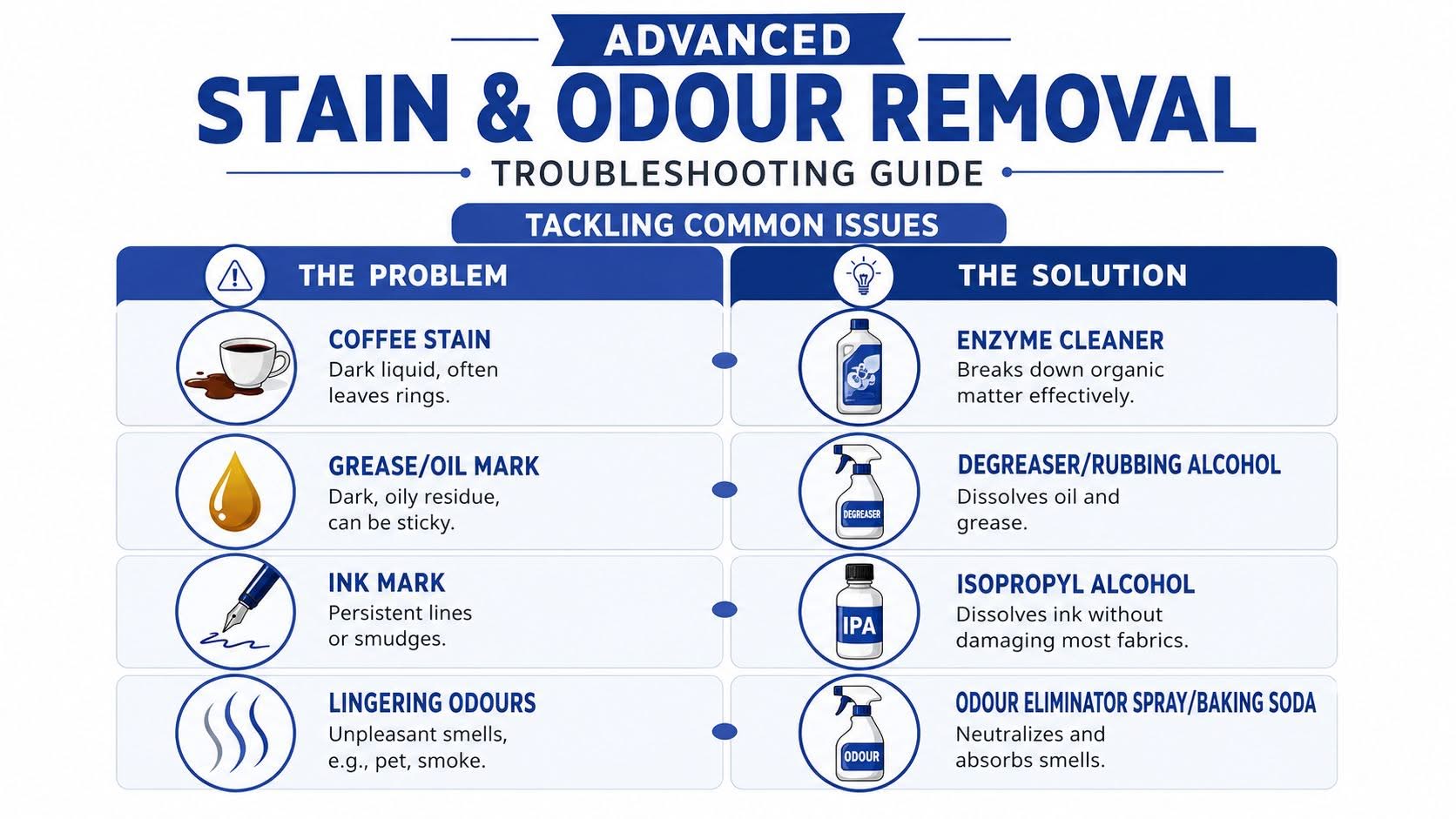 A troubleshooting guide table detailing solutions for removing common stains and odours from various surfaces.