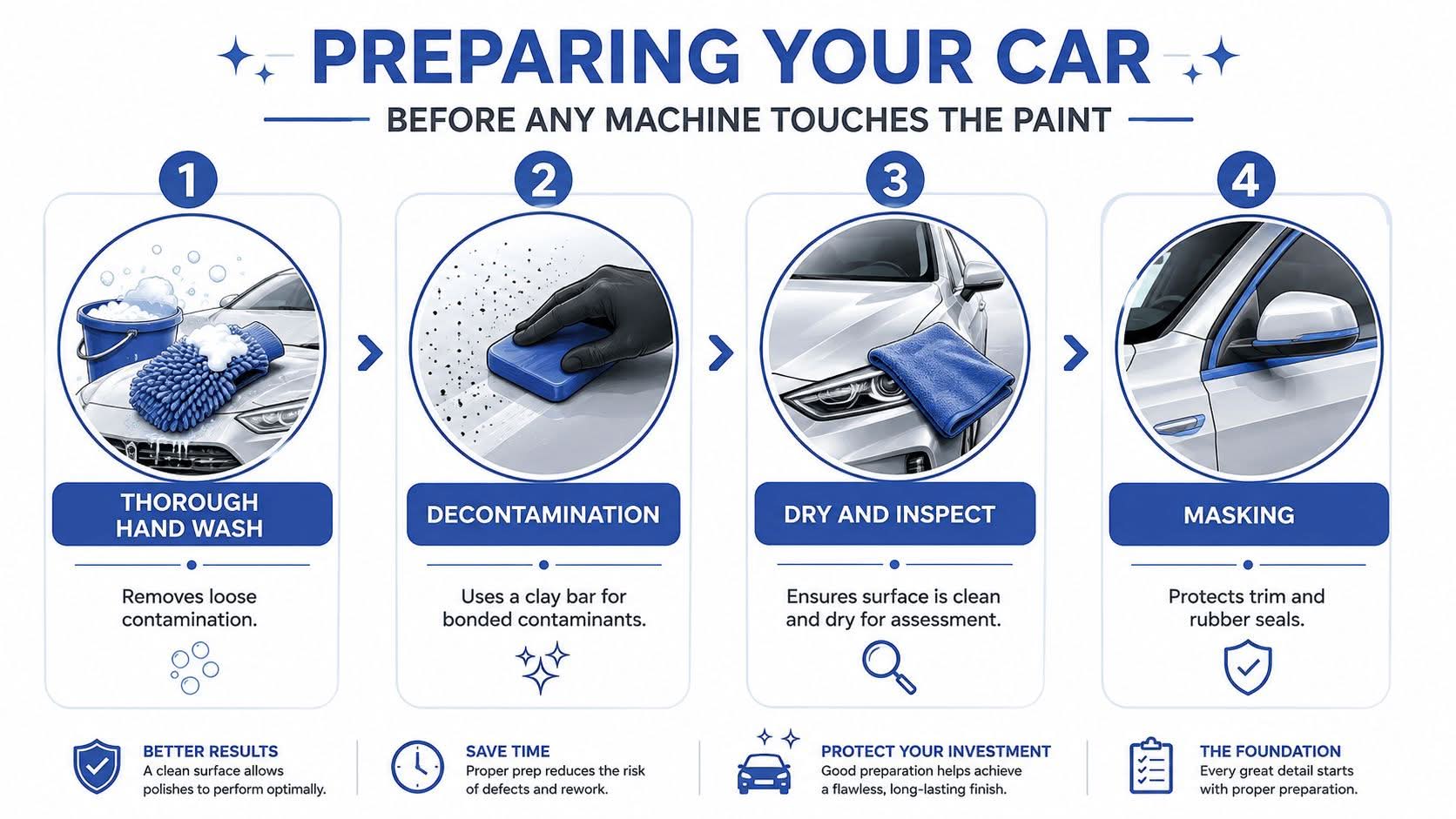 A four-step infographic illustrating the professional preparation process for a car before machine polishing or detailing.