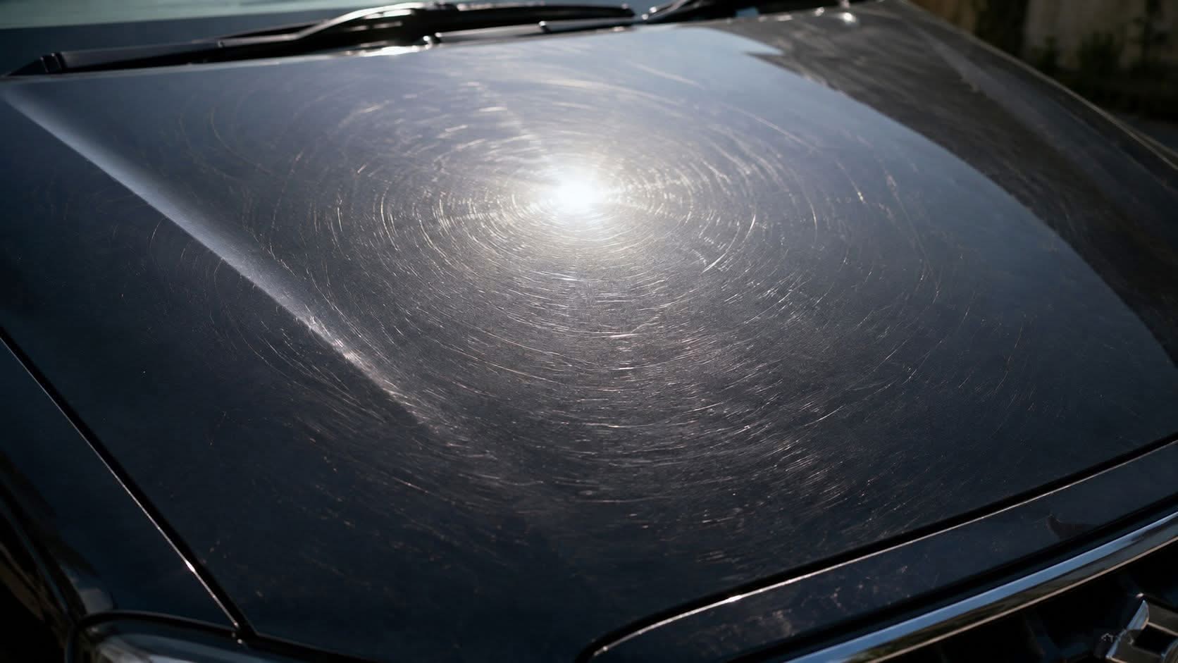 A close-up view of a black car hood showing severe circular swirl marks and surface scratches.