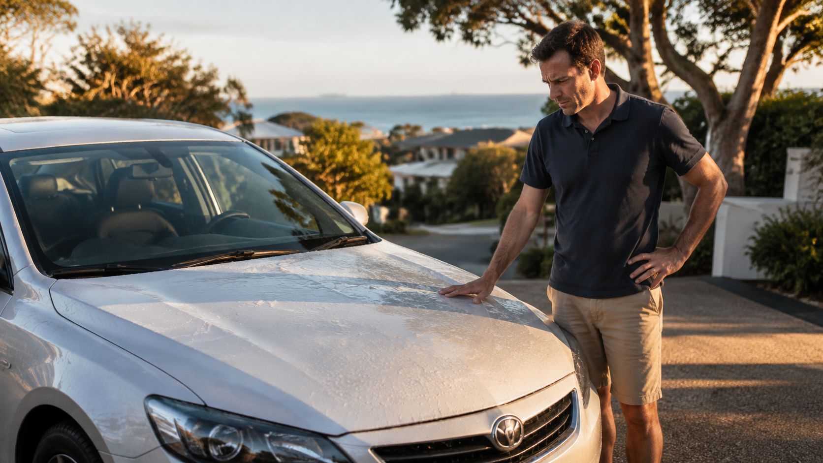 A man standing next to his silver car inspecting the water beading on the ceramic coated hood.