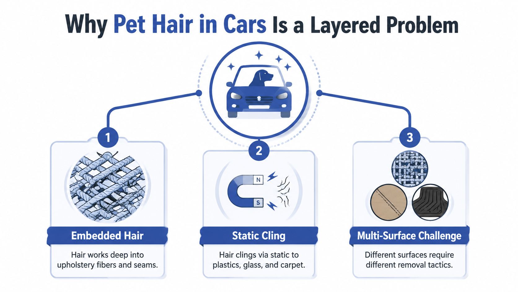 An infographic showing why pet hair in cars is a difficult, layered cleaning problem to solve.