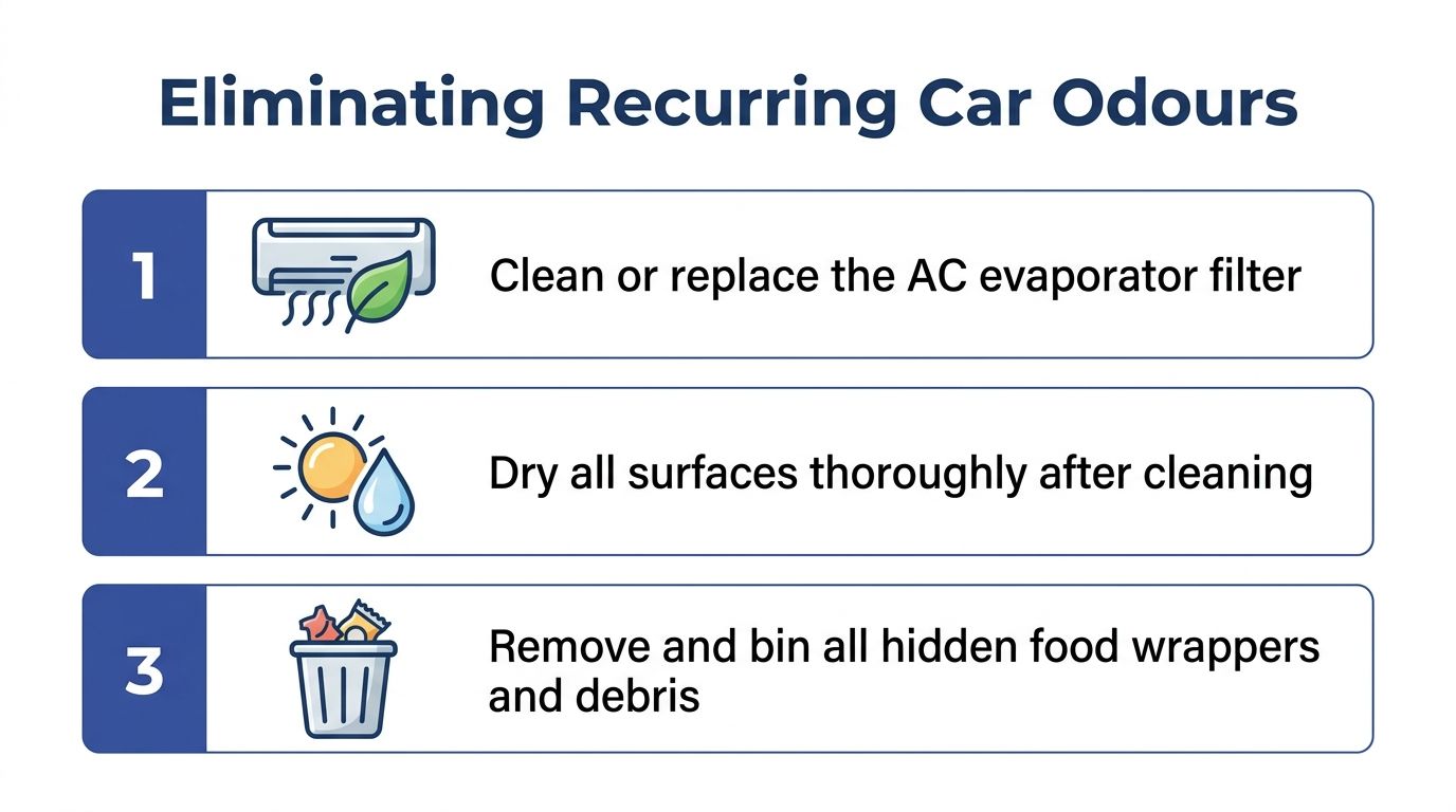 An infographic titled Eliminating Recurring Car Odours showing three steps to remove smells from a vehicle interior.