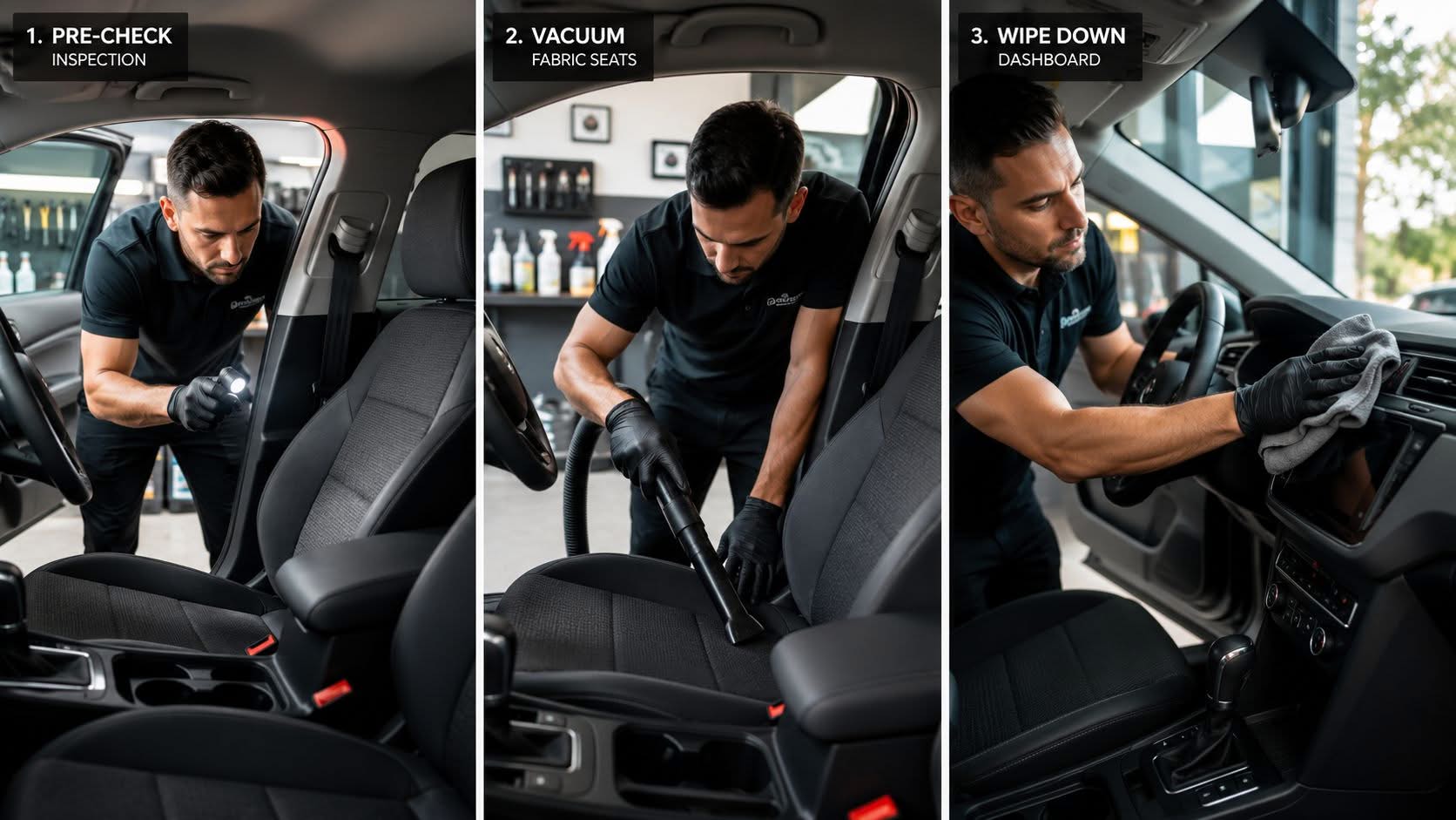 A professional car detailer performs inspection, vacuuming of fabric seats, and dashboard cleaning on a vehicle interior.