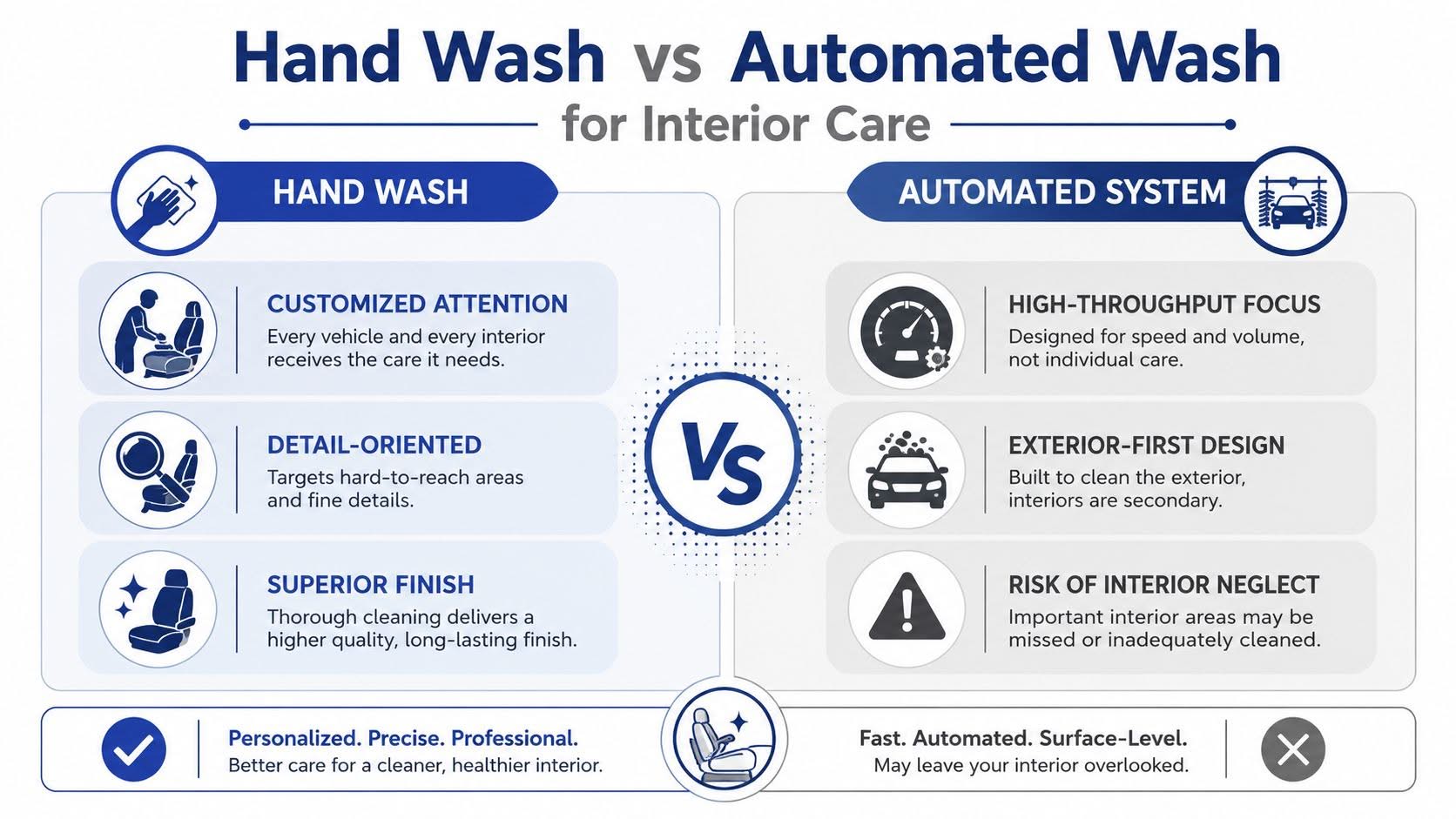 A comparison chart showing the benefits of a hand car wash versus an automated car wash system.