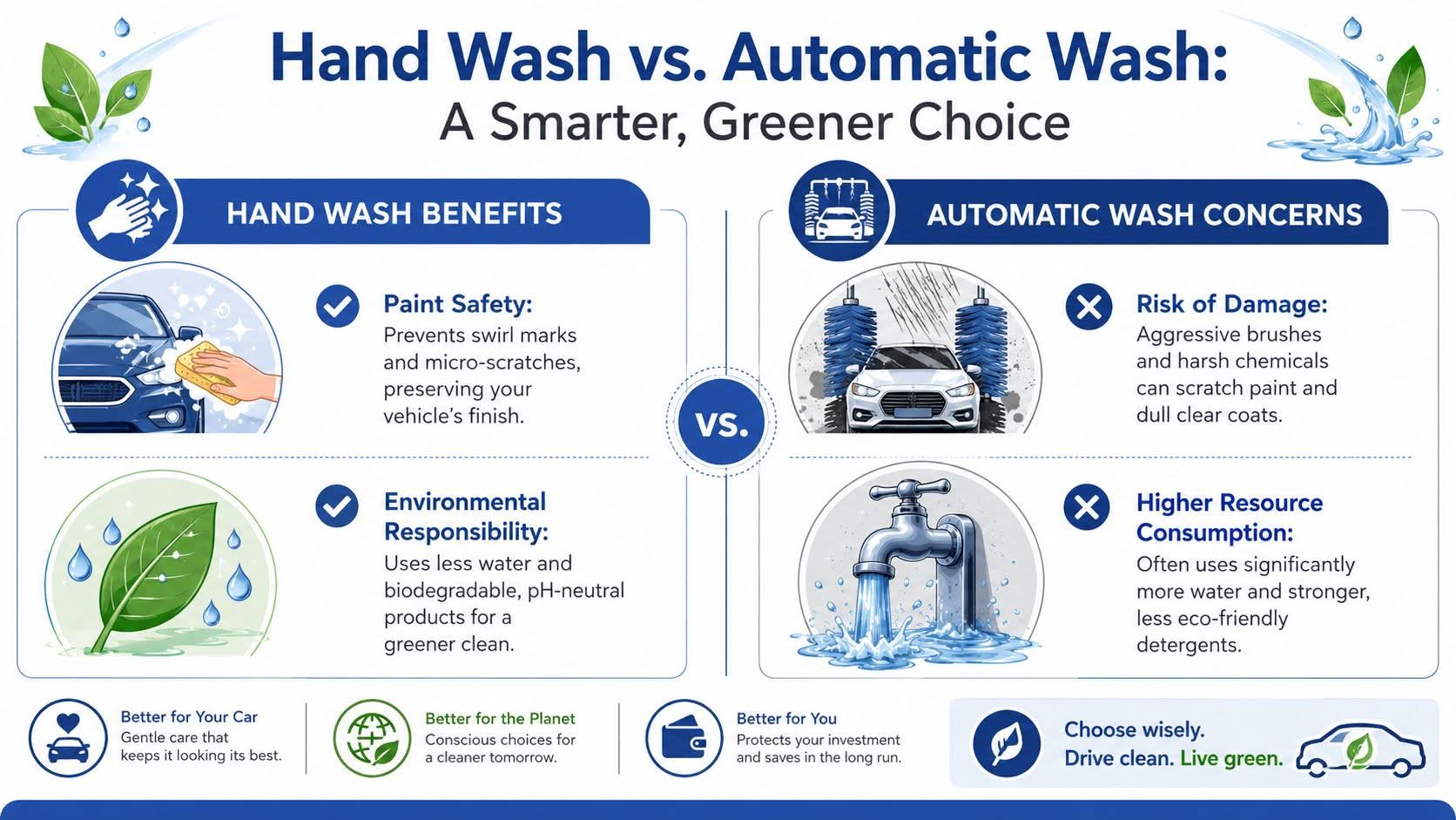 An infographic comparing the benefits of manual car washing versus the concerns of using automatic car washes.