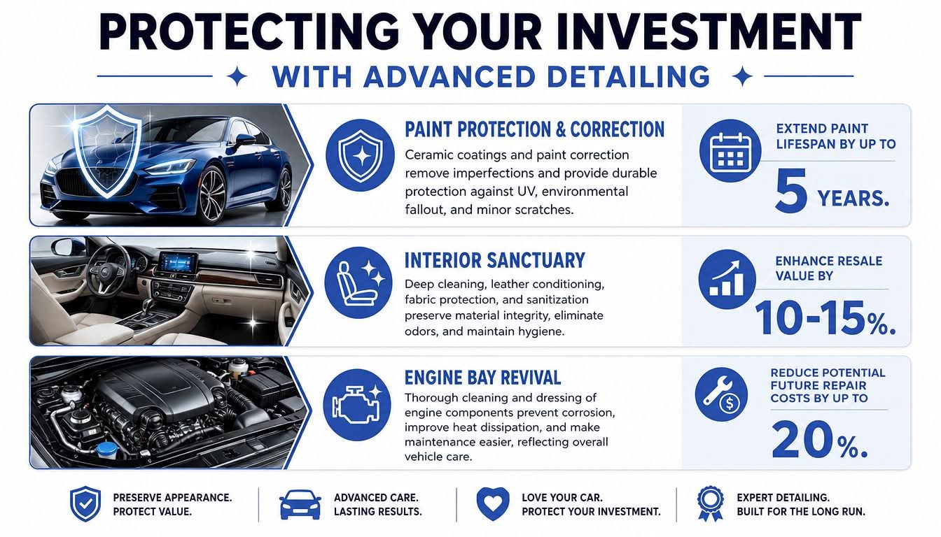 An infographic detailing benefits of advanced car detailing services including paint protection, interior sanctuary cleaning, and engine bay maintenance.