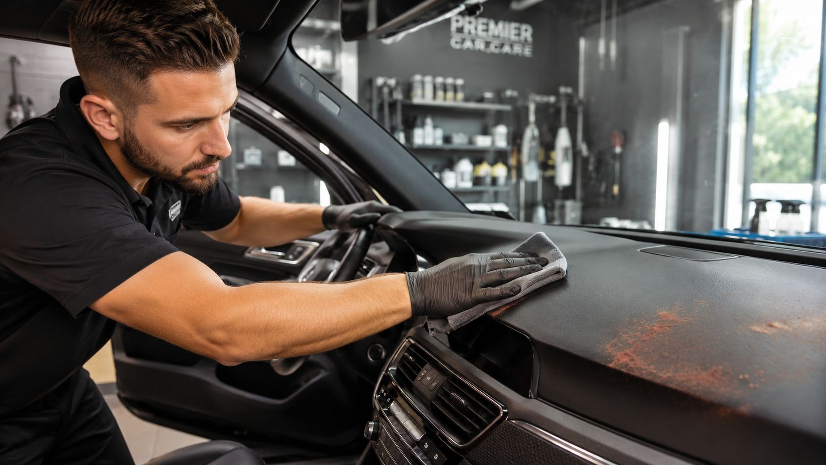 A professional car detailer wearing black gloves wipes dust off a luxury car dashboard with a cloth.