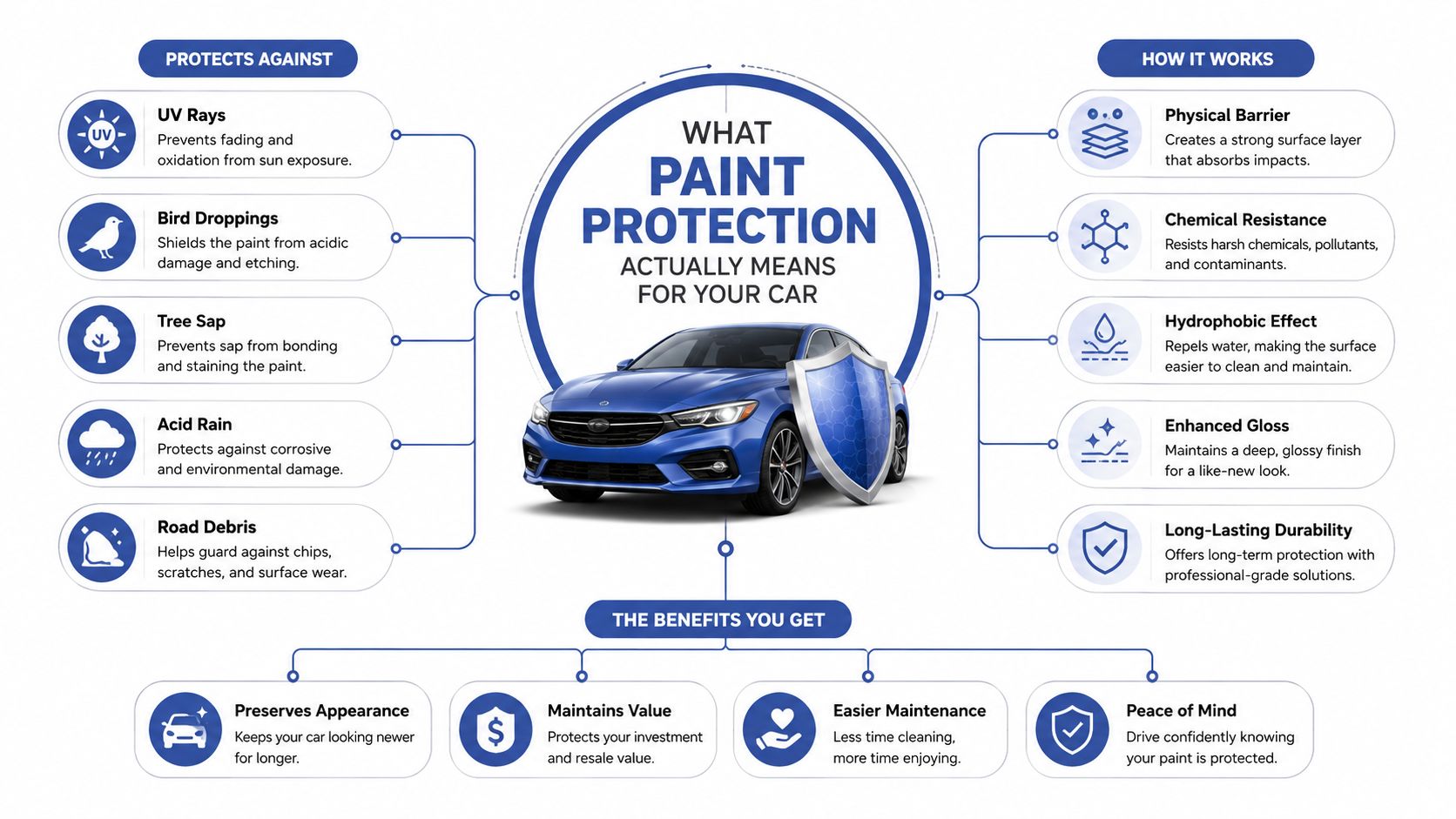 An infographic explaining the benefits and protection features of automotive paint protection for a car.