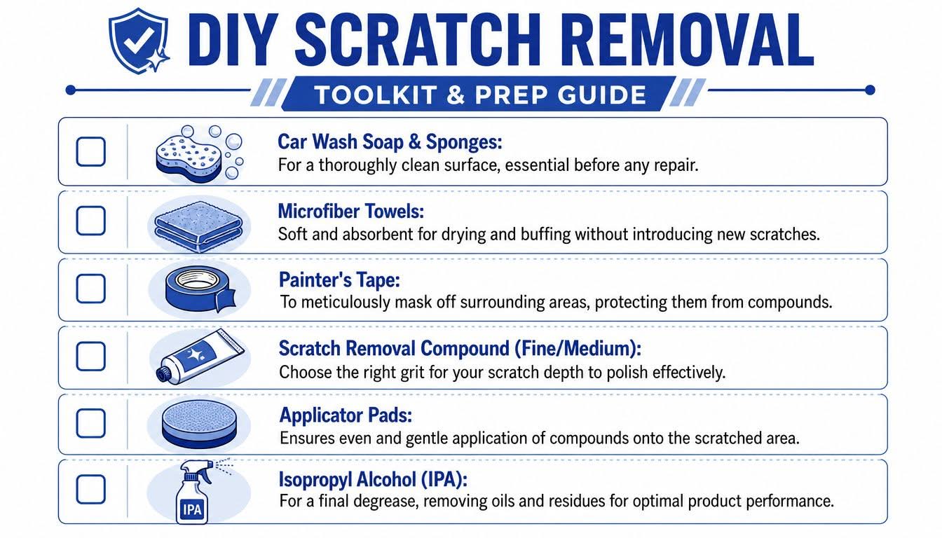 A checklist infographic listing essential tools and supplies for performing DIY car scratch removal at home.