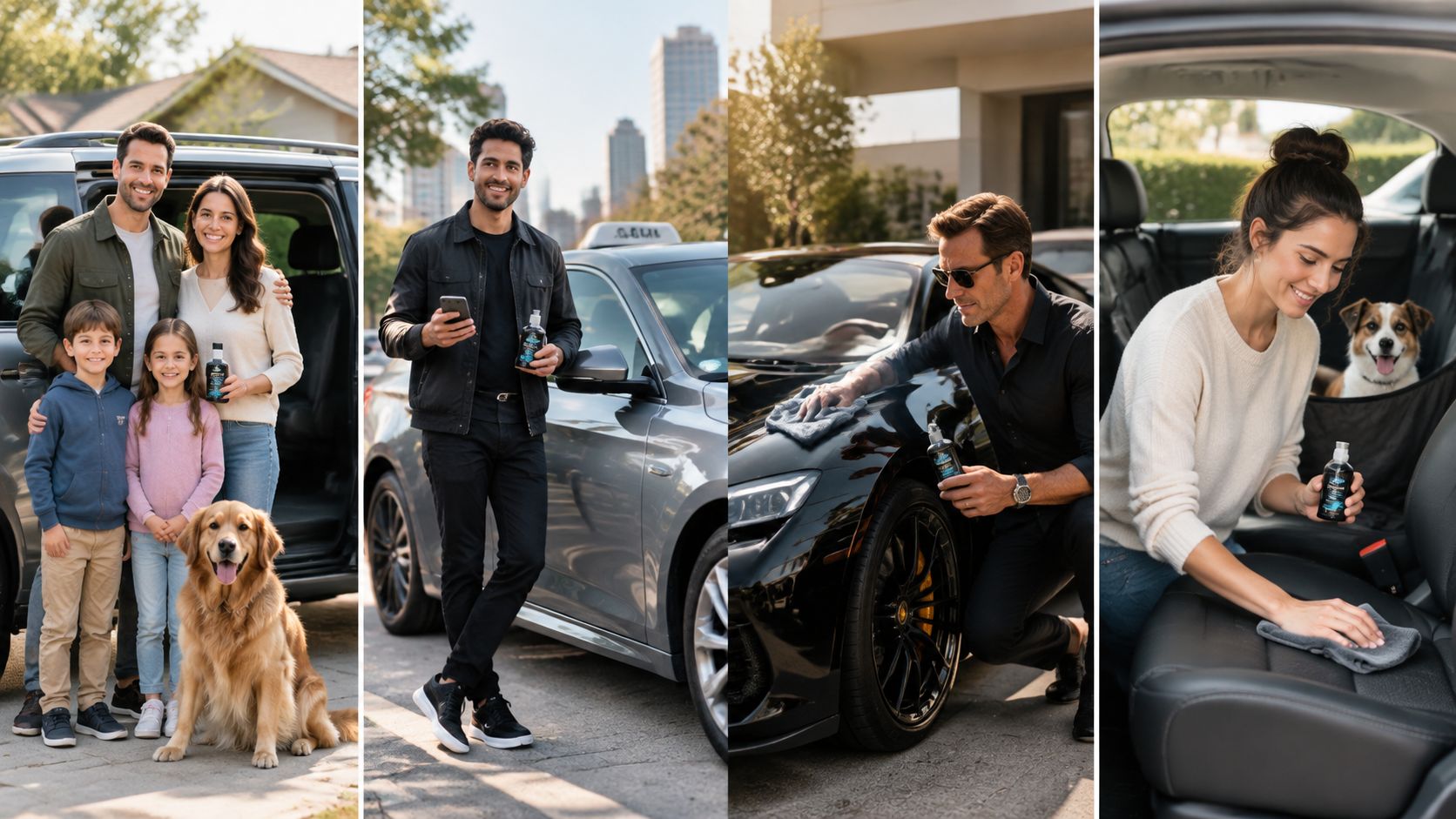 A collage showing a family, a man with a taxi, car maintenance, and a woman cleaning a car interior.