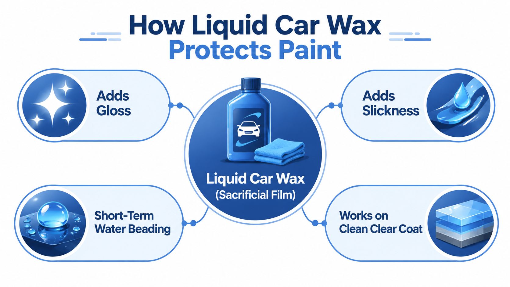 An infographic showing the four key benefits of using liquid car wax to protect paint surfaces.