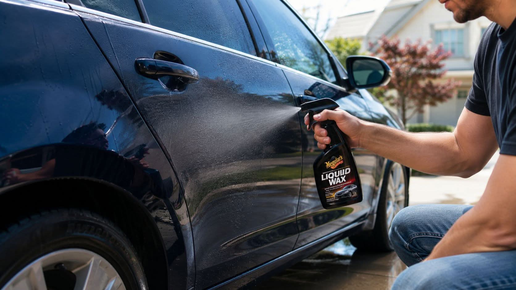 A man kneeling while spraying Meguiar's liquid wax onto the side door of a dark blue car.