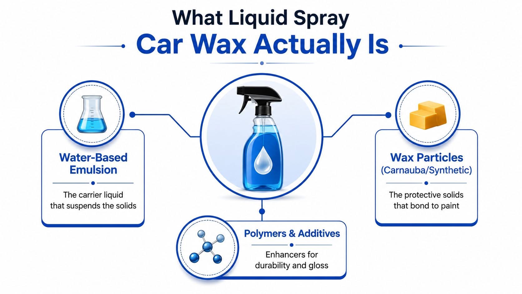 A diagram explaining that liquid spray car wax consists of water-based emulsion, wax particles, and polymers additives.