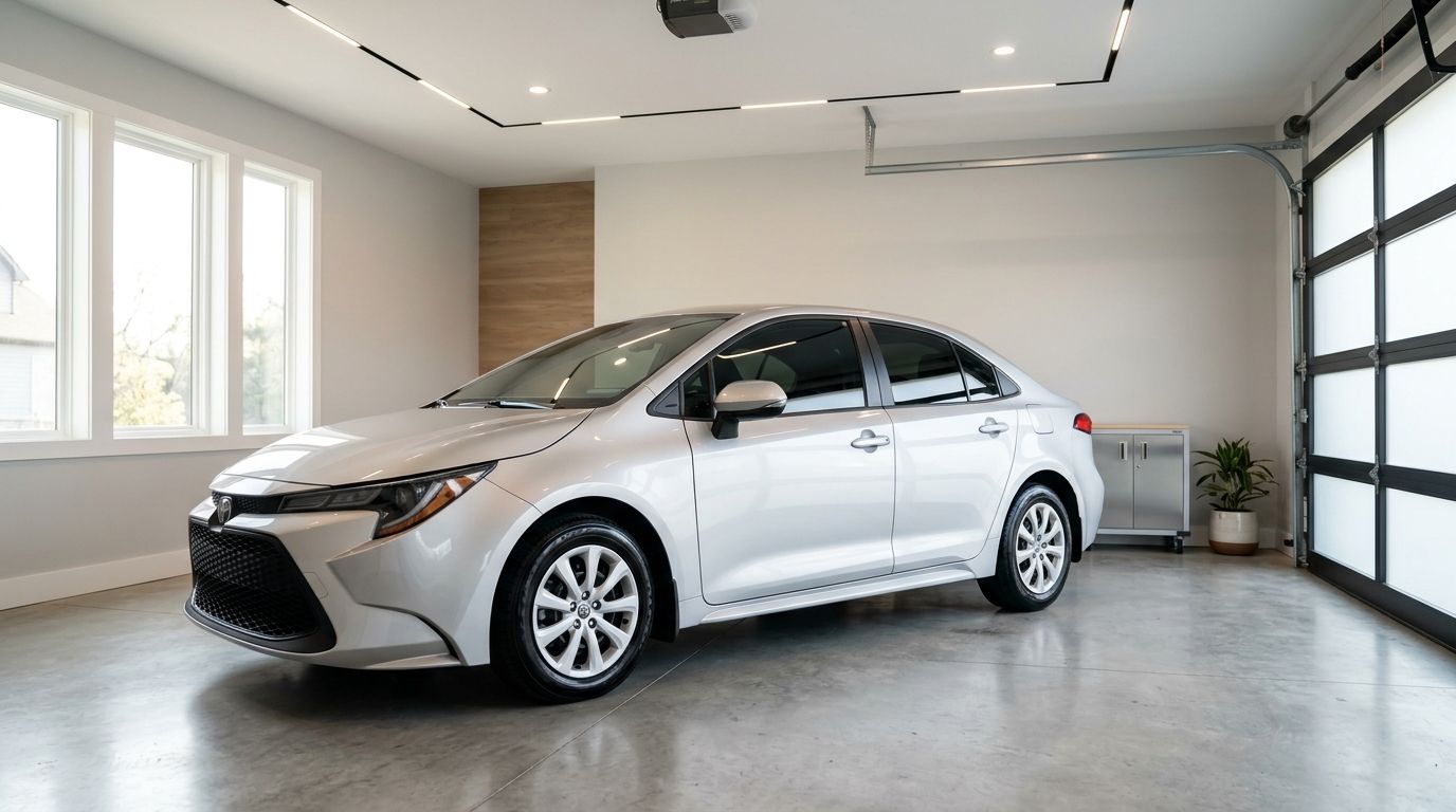A silver Toyota Corolla parked inside a modern, clean garage with white walls and polished concrete floors.