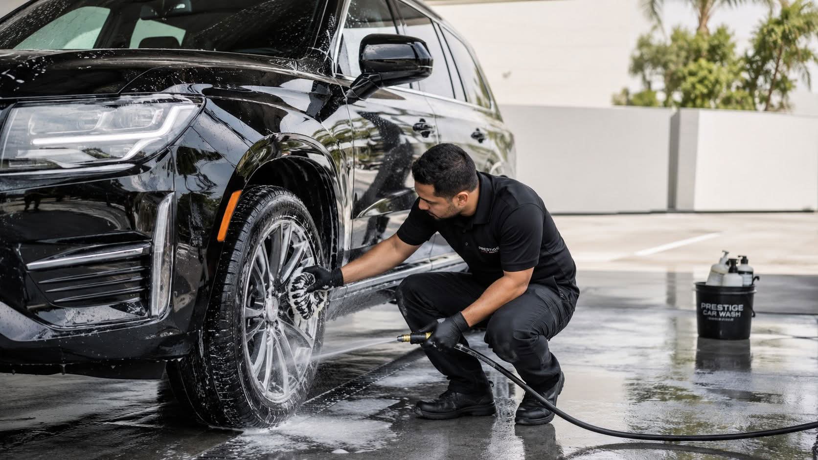 A professional car wash employee wearing black gloves scrubs the wheel of a black SUV with a sponge.