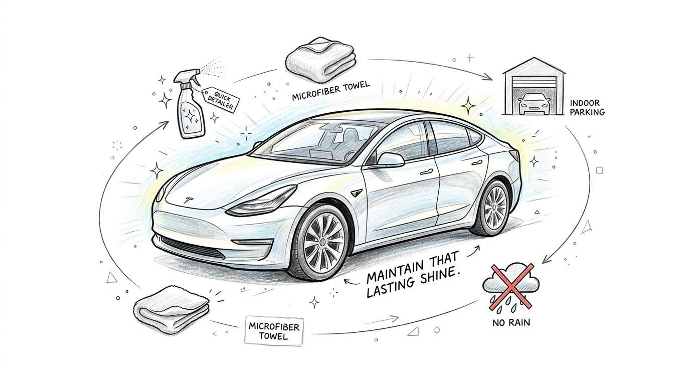 A hand-drawn illustration showing how to maintain a car's shine using quick detailer and microfiber towels.
