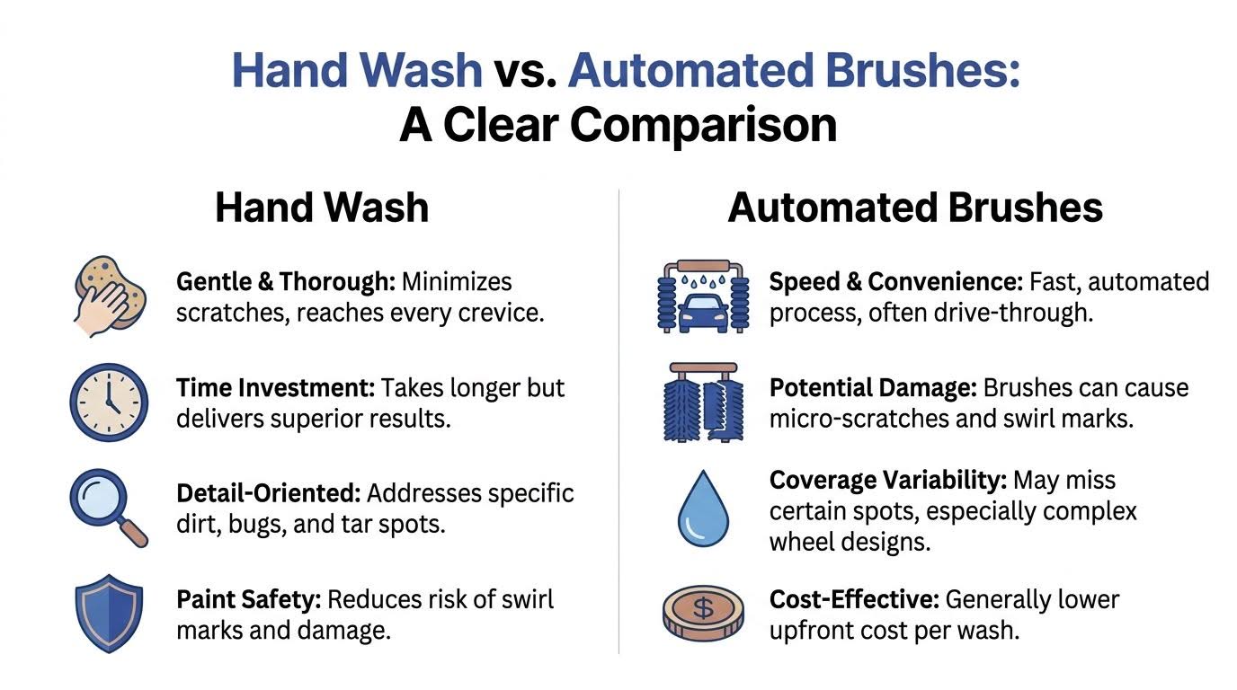 A comparison chart outlining the pros and cons of hand car washing versus automated brush washing.