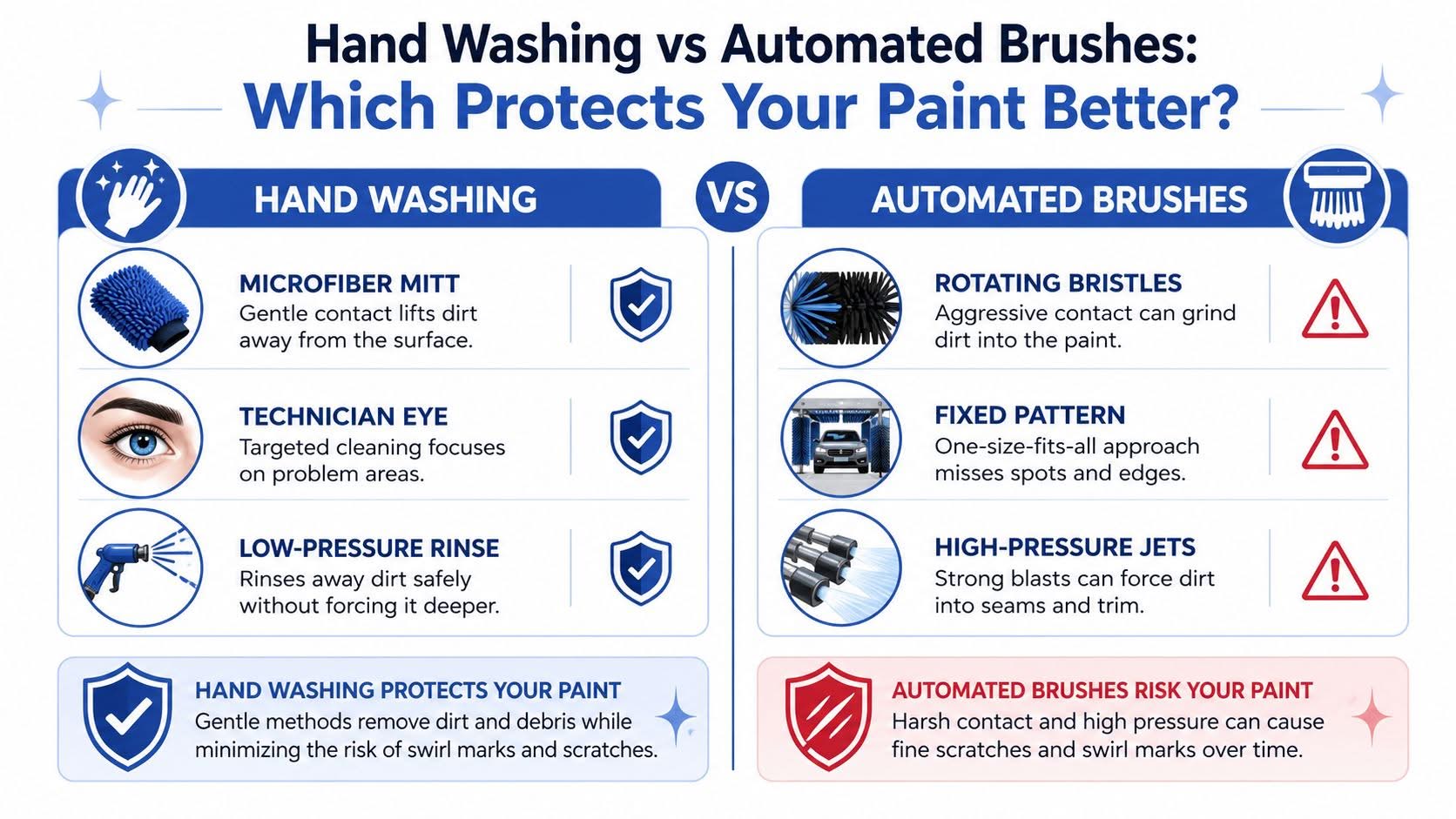A comparison chart showing that hand washing protects car paint better than automated brush car washes.