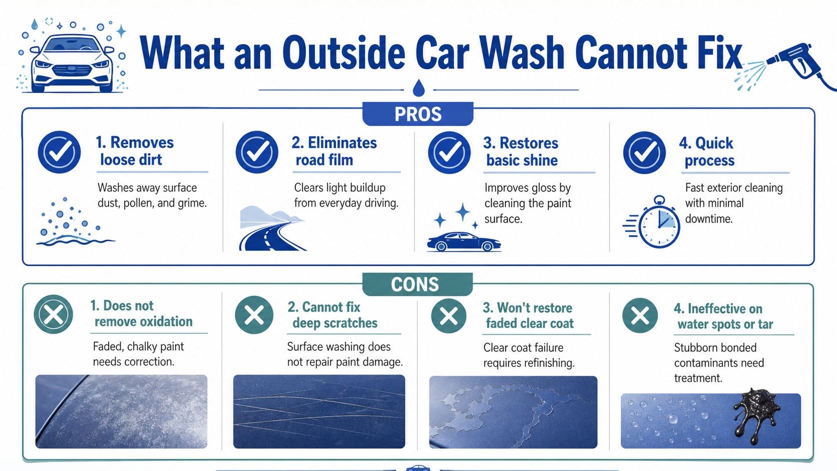 An infographic comparing the pros and cons of using an outside car wash for vehicle maintenance.
