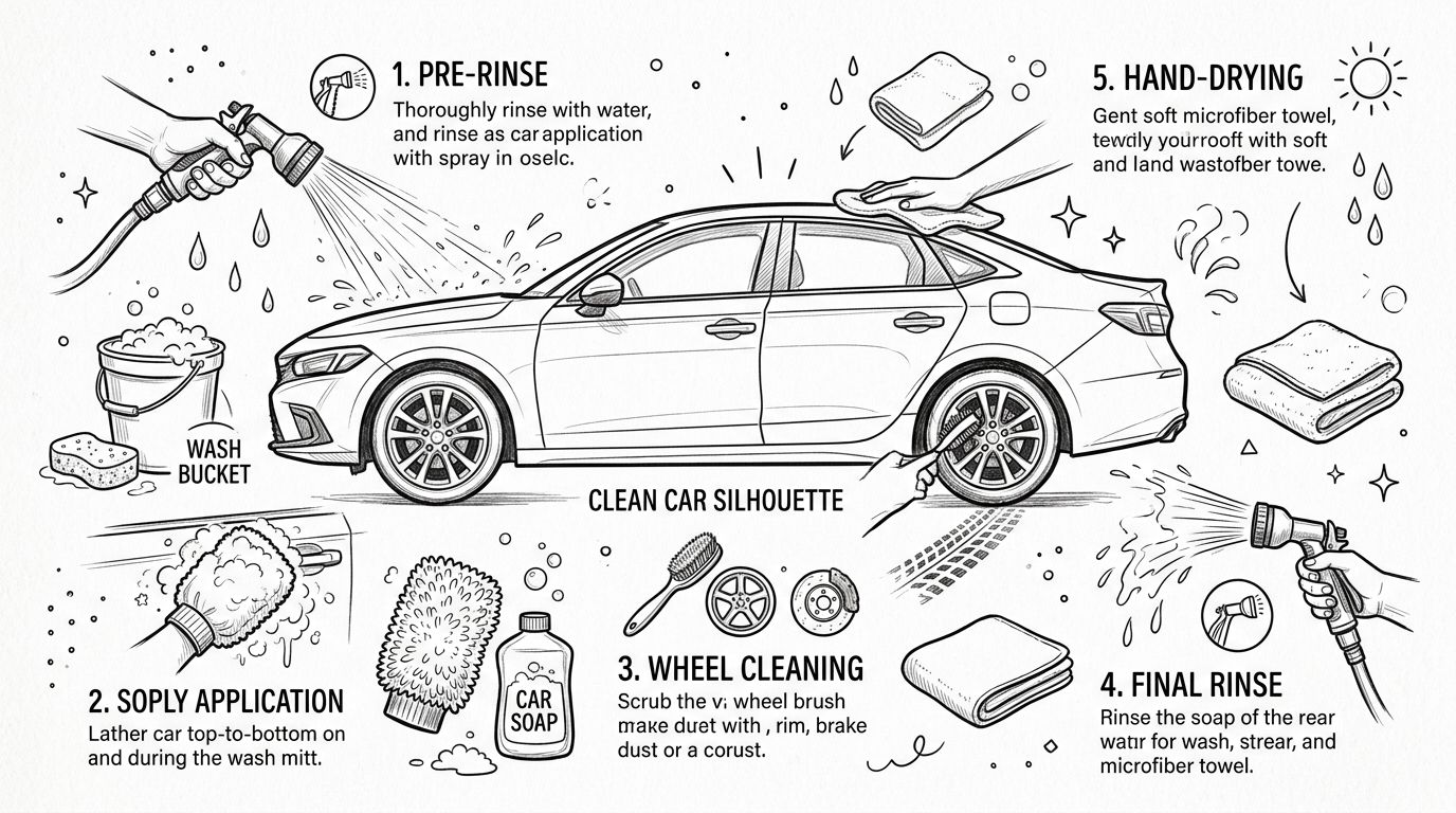 A step-by-step instructional illustration guide showing the proper process for washing a car manually.