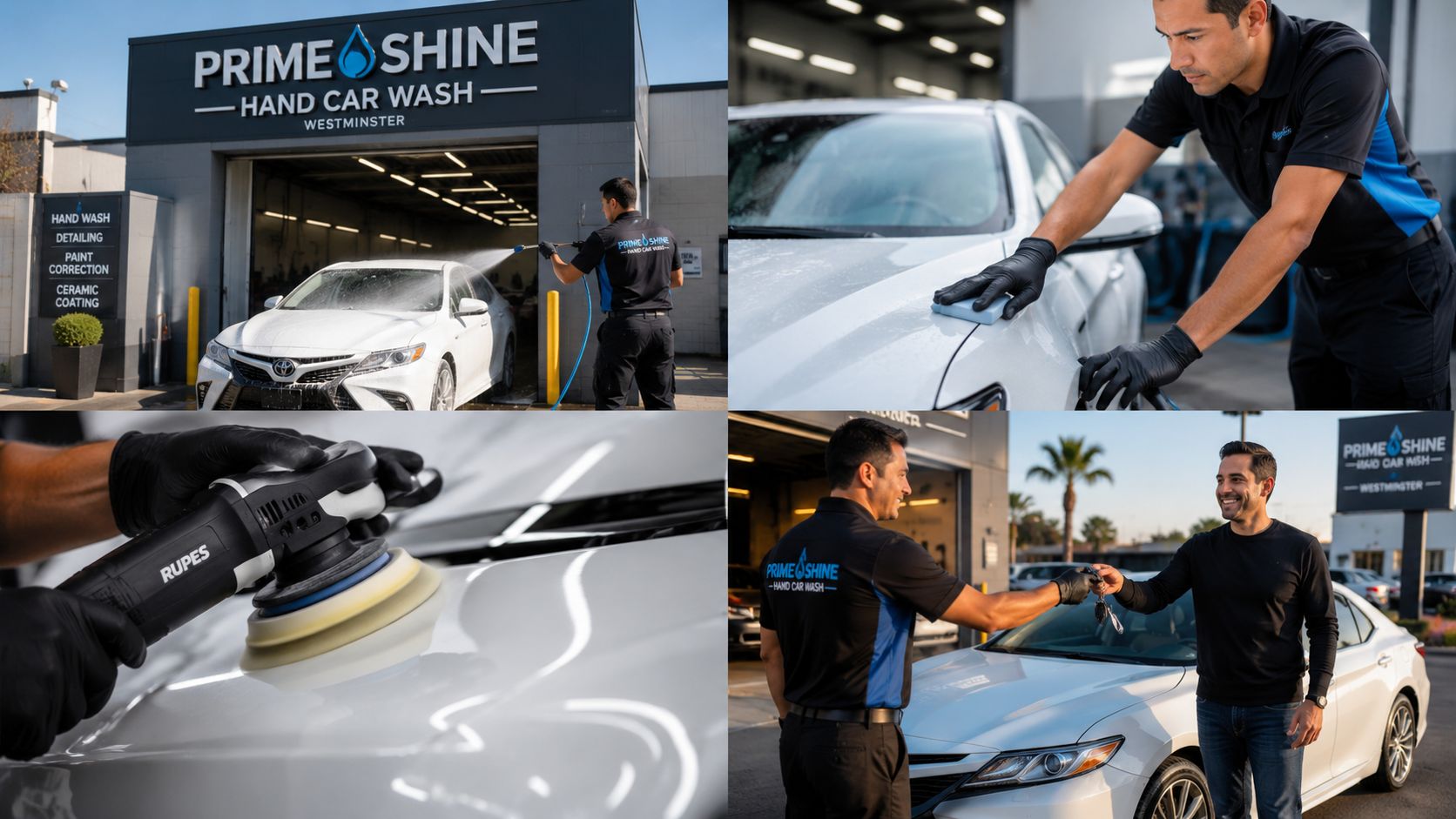 A professional technician performing expert paint correction and detailing on a white sedan at a car wash.