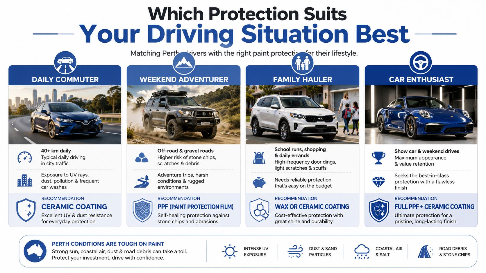 A comparison guide showing recommended paint protection solutions like ceramic coating and PPF for different driving lifestyles.