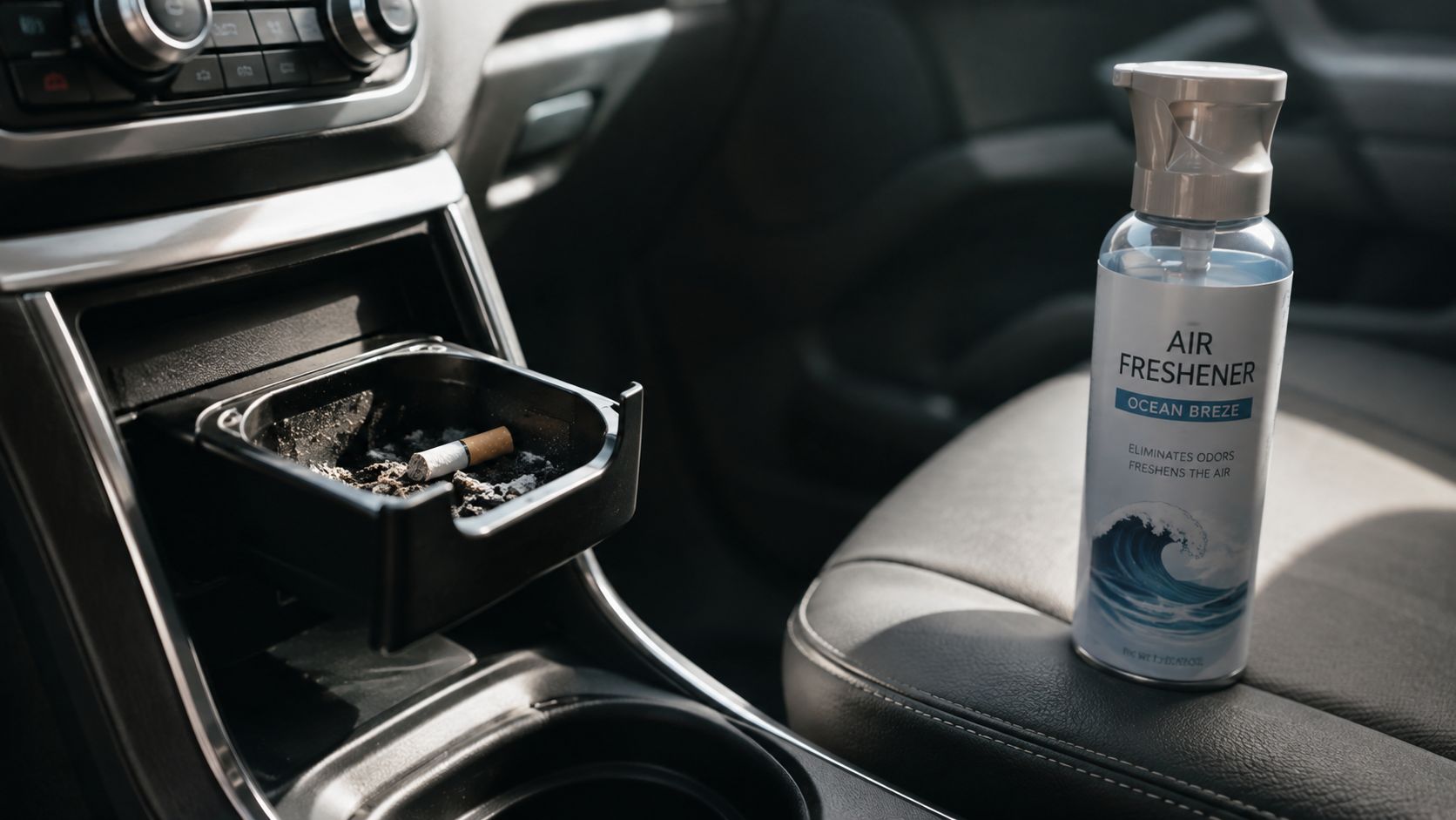 An air freshener spray sitting on a car seat next to an open ashtray containing a cigarette butt.