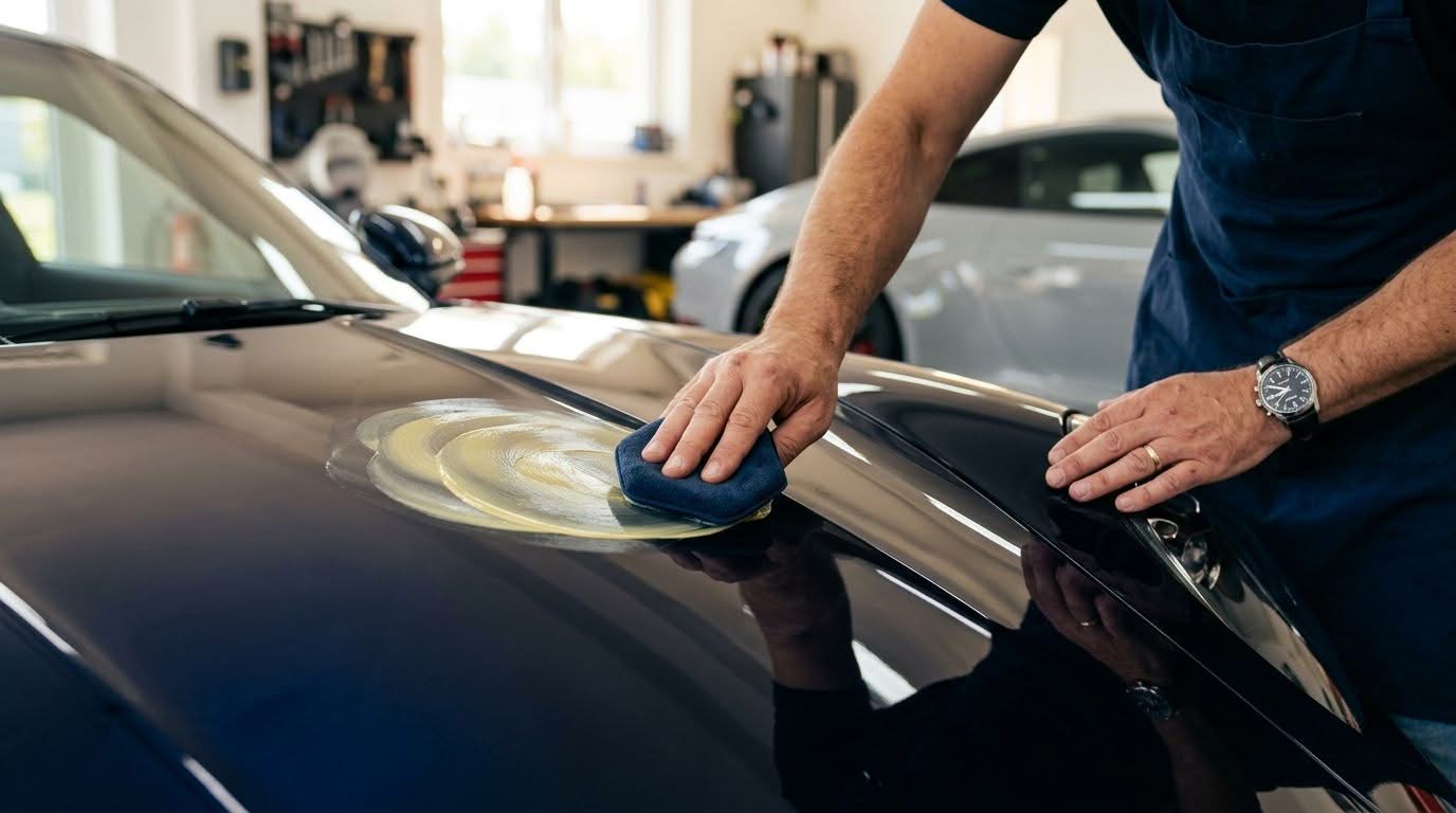 A professional car detailer applies wax to the polished hood of a dark luxury vehicle in a garage.