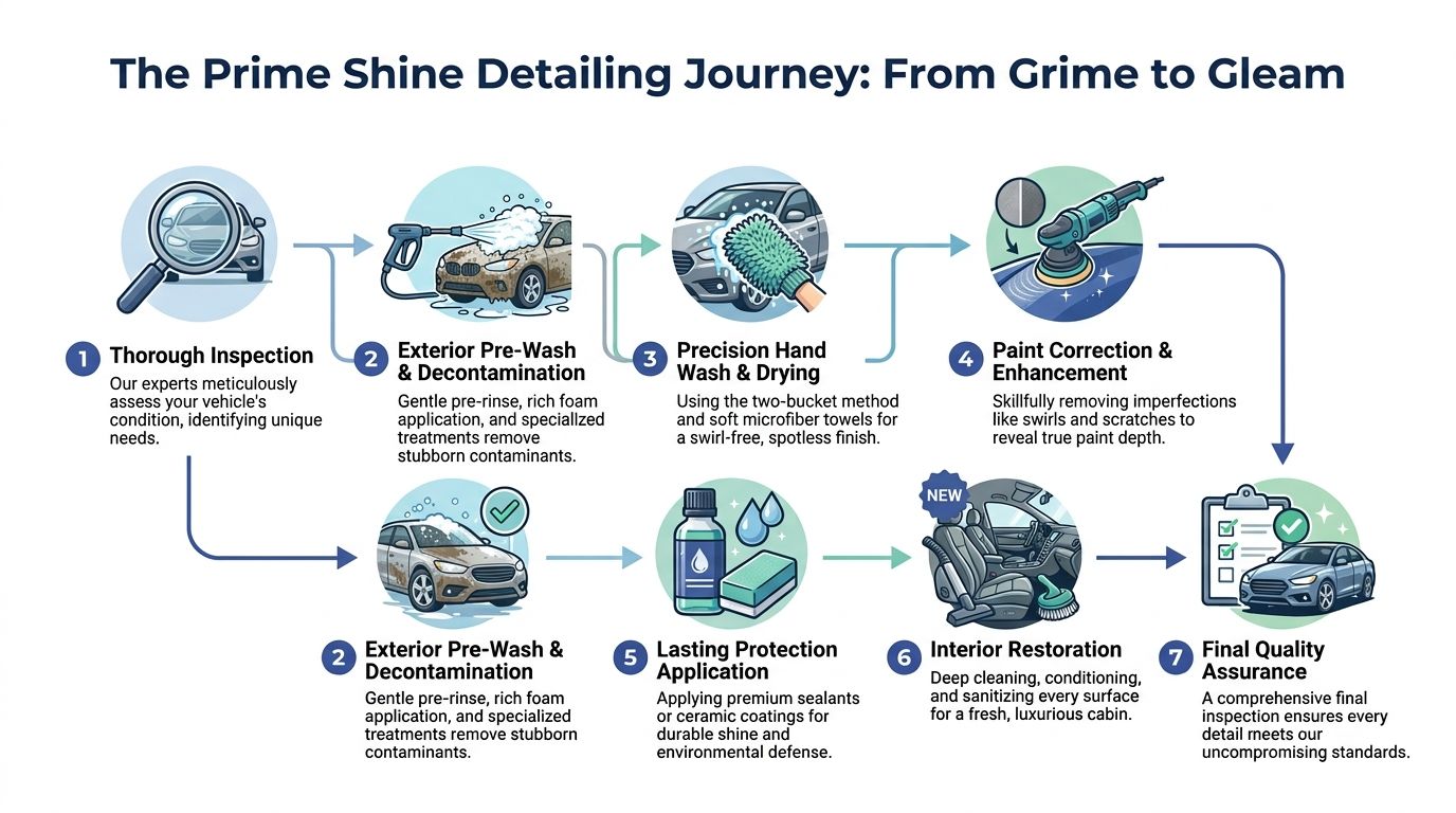 A step-by-step infographic illustrating the Prime Shine professional car detailing process from inspection to final quality assurance.