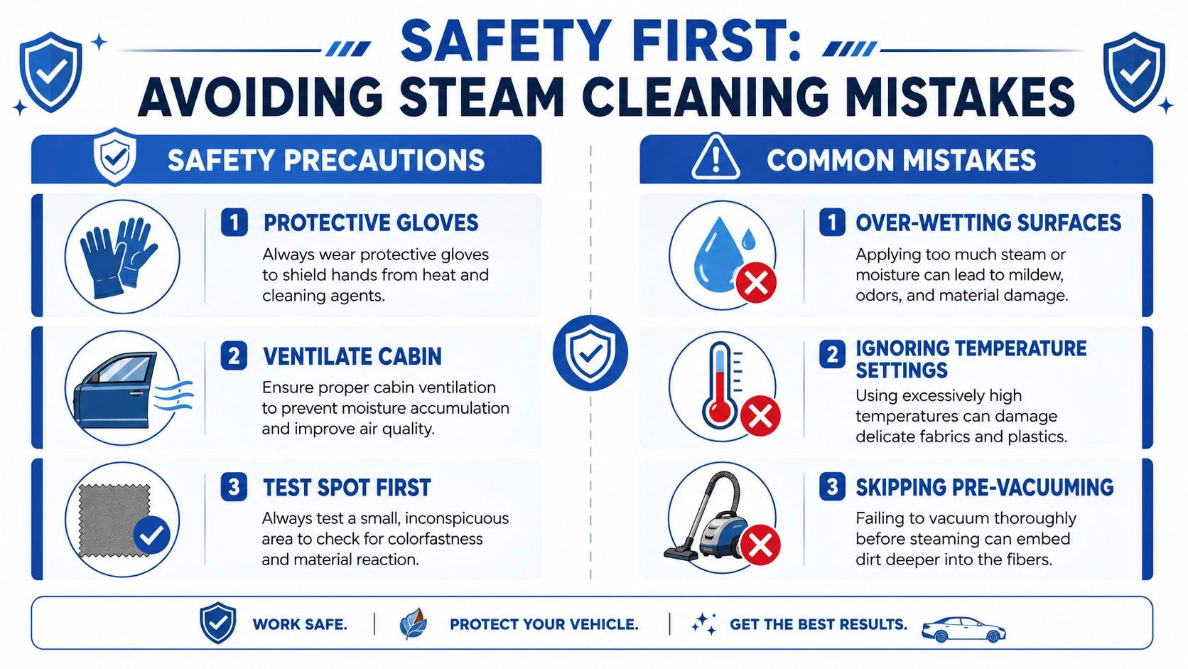 An infographic detailing safety precautions and common mistakes to avoid when steam cleaning a vehicle interior.