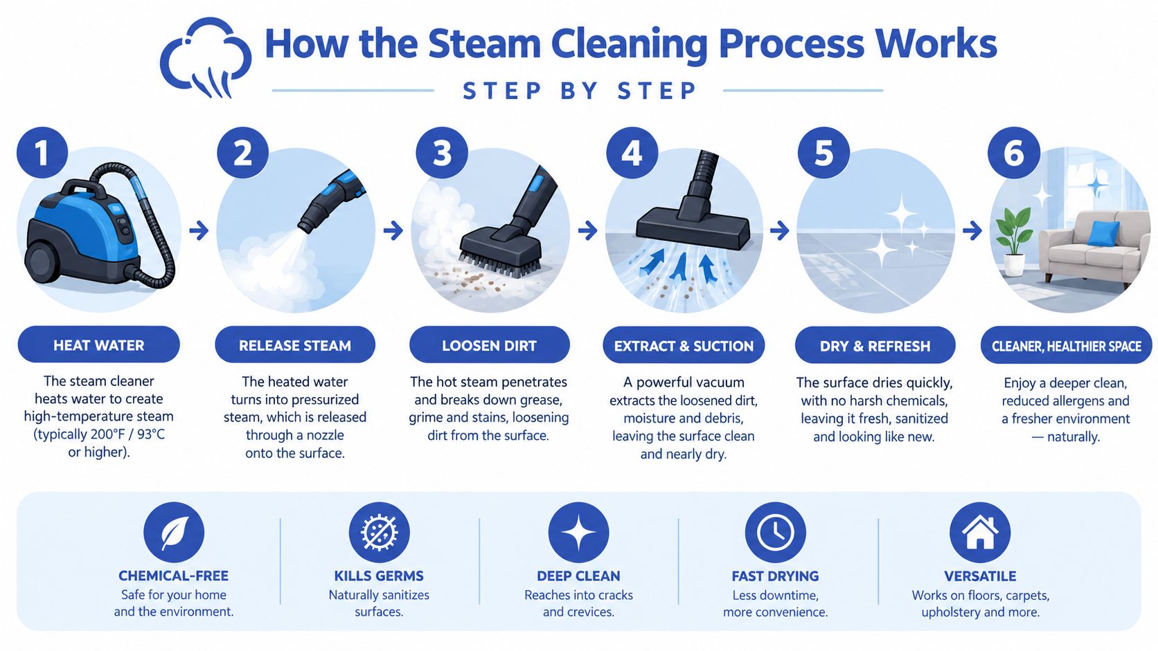 An infographic illustrating the six-step steam cleaning process with icons highlighting its benefits for home cleaning.