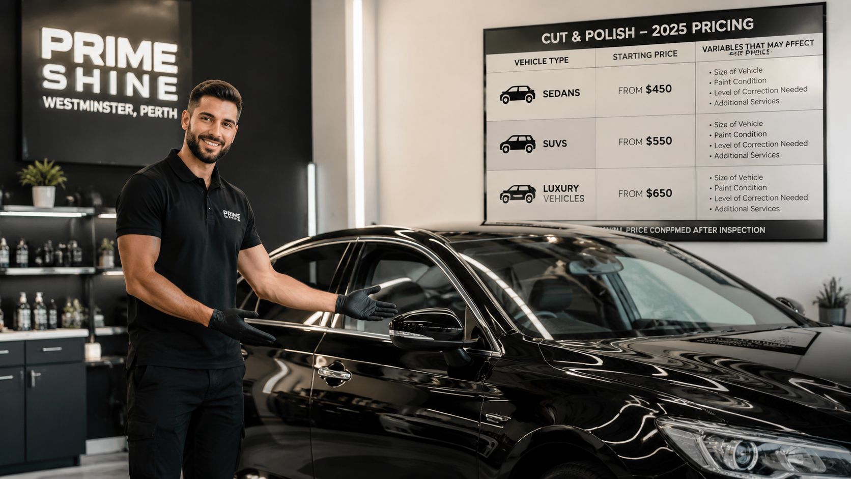 A professional technician stands next to a black car in a detailing shop, pointing to a price list.